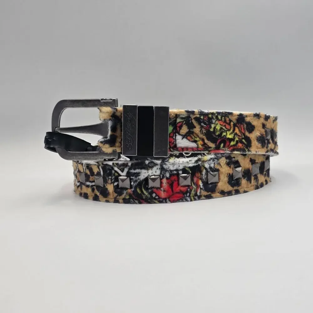 Ed Hardy Men's Size 34 Faux Fur Belt Leopard Print Plush Studded New